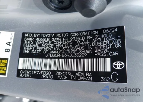 2024 Toyota Corolla Hybrid Le from USA, damaged, VIN JTDBCMFE6RJ033229